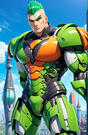 1male, solo, looking at viewer, bangs, green eyes, perfect eyes, green eyelashes, large mechanicals arms, (green, short, mohawk, oily, hair), closed mouth, mask, serious, angry, upper body, perfect hands, muscular, muscular male, atlhetic, pectoral, abs, biceps, ultimate power armor emerald color, realistic, science fiction, mechanical, futuristic, (outdoors, building, sky, tower, city, background), anime, cartoon, 3D, 