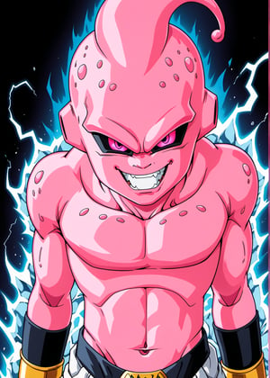 Kid Majin Buu, solo, small, looking at viewer, male focus, evil smile, smile, teeth, grin, upper body, colored skin, red perfect eyes, electricity, aura, colored sclera, (((black sclera))), topless male, pink skin, style Akira Toriyama design, ice_background,



