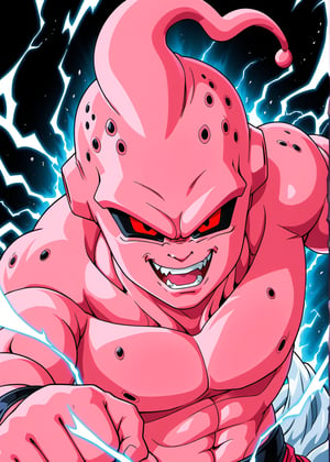 Kid Majin Buu, solo, small, looking at viewer, male focus, evil smile, smile, teeth, grin, upper body, colored skin, (perfect red eyes), electricity, aura, colored sclera, (((black sclera))), topless male, pink skin, ((punching)), style Akira Toriyama design, ice_background,



