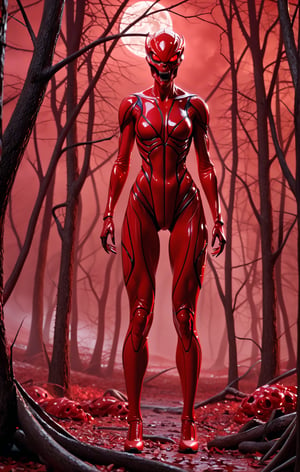 alien_Airk_abomination_Ellina, athletic, red_cream_light red color, creepy and scary, fantasy, unreal, fantastic night in a haunted landscape, full body, from front view