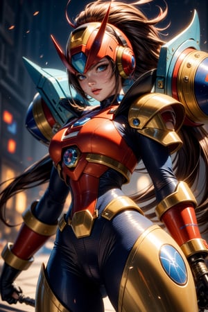 This is burn rooster mixed douglas from the video game saga megaman x8, mega cannon buster arms, ultimate imperial armor, sharp focus, 16k,best quality,hdr,masterpiece,More Detail, girl,megaman, rmspdvrs