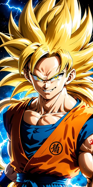 We can visualize the iconic character from the animated series Dragon Ball Z, Goku, in his super saiyan phase 3 transformation. (his extremely long, loose, yellow hair:1.9). (very very long hair:1.9). (without eyebrows, eyebrow alopecia:1.9). (total loss of eyebrow hair:1.9). blue eyes, with his characteristic orange suit. Flashes of light and electricity surround his entire body, a yellow glow. smiling, smug. His ki is immense and mystical. His look is wild. He is at the culmination of a great battle for the fate of planet Earth and you can see his wounded body. He is prepared to attack with one of his classic poses. The image quality and details have to be worthy of one of the most famous characters in all of anime history and honor him as he deserves. which reflects the design style and details of the great Akira Toriyama.


athletic body. perfect hands and arms. perfectly detailed, defined and symmetrical eyes. highly detailed skin, textured skin, definite body features, detailed shadows, narrow waist. incredible face detail.
pronounced forehead without eyebrows and enormous hair that reaches almost to the feet. wild and imposing appearance.

16k, masterpiece, best quality, 2D, Extremely detailed, voluminetric lighting, anime, cartoon


clothing,Zombie,lineart,Anime ,3d toon style,line anime,more detail XL,SDXLanime:0.8,LineAniRedmondV2-Lineart-LineAniAF:0.8,EpicAnimeDreamscapeXL:0.8,ManimeSDXL:0.8,Midjourney_Style_Special_Edition_0001:0.8,animeoutlineV4_16:0.8,perfect_light_colors:0.8,LineAniAF,CuteCartoonAF,Color,multicolor,anime style,anime