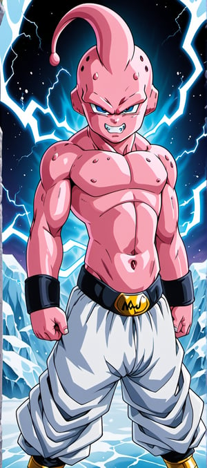 Kid Majin Buu, solo, small, looking at viewer, angry, navel, full body, male focus, open mounth, arm up, teeth, serious, pants, grin, colored skin, abs, veins, perfect eyes, electricity, aura, colored sclera, topless male, white pants, black sclera, pink skin, baggy pants, style Akira Toriyama design, ice_background,



