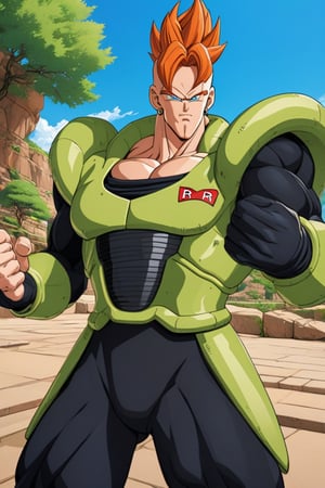 1boy, Android 16, character, male focus, Anime series Dragon Ball Z, style Akira Toriyama design, face features, male, hyper muscular, (posing 3), upper body, colored skin, blue eyes, spiked hair, orange hair, serious, green armor, black bodysuit, earrings,  1990s \(style\), retro artstyle, perfect lines, perfect color, perfect, hyper detailed, artstyle, official style, cartoon, perfect armor,




Perfect proportions, Strong brightness, intricate details, vibrant colors, detailed shadows, perfect borders,

PNG image format, sharp lines and borders, solid blocks of colors, over 300ppp dots per inch, (anime:1.9), 2D, High definition RAW color professional photos, photo, masterpiece, ProRAW, high contrast, digital art trending on Artstation ultra high definition detailed anime, detailed, hyper detailed, best quality, ultra high res, high resolution, detailed, sharp re, lens rich colors, ultra sharp, (sharpness, definition and photographic precision), (blur background, clean and uncluttered visual aesthetics, sense of depth and dimension, professional and polished look of the image), work of beauty and complexity. (aesthetic + beautiful + harmonic:1.5), (ultra detailed background, ultra detailed scenery, ultra detailed landscape:1.5),
fidelity and precision,
minute detail, clean image, exact image, polished shading, detailed shading, polychromatic tonal scale, wide tonal scale,SDXL