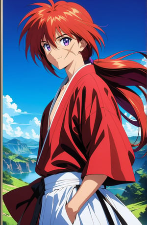 (masterpiece, best quality, ultra HD anime quality, super high resolution, 1980s/(style), retro, anatomically accurate, perfect anatomy), (Himura Kenshin), one boy, solo, (red hair, long hair, low ponytail, thick bangs between eyes, messy hair, purple eyes, highly detailed eyes, facial scar, smiling), highly detailed face, mouth slightly open, looking at camera, red kimono, katana, upper body, wearing straw sandals, white hakama pants, side view,





Perfect proportions, Strong brightness, intricate details, vibrant colors, detailed shadows, perfect borders,

PNG image format, sharp lines and borders, solid blocks of colors, over 300ppp dots per inch, (anime:1.9), 2D, High definition RAW color professional photos, photo, masterpiece, ProRAW, high contrast, digital art trending on Artstation ultra high definition detailed anime, detailed, hyper detailed, best quality, ultra high res, high resolution, detailed, sharp re, lens rich colors, ultra sharp, (sharpness, definition and photographic precision), (blur background, clean and uncluttered visual aesthetics, sense of depth and dimension, professional and polished look of the image), work of beauty and complexity. (aesthetic + beautiful + harmonic:1.5), (ultra detailed background, ultra detailed scenery, ultra detailed landscape:1.5),
fidelity and precision,
minute detail, clean image, exact image, polished shading, detailed shading, polychromatic tonal scale, wide tonal scale,Character