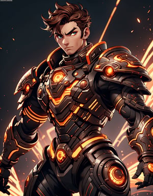 anime:1.4, futuristic:1.4, European and American man_male_manly_boy:1.6, (white sclera), (black pupil), (brown iris), (brown eyebrows and eyelashes, detailed, defined, perfect), perfect symmetry eyes, A fashion model, ultimate shadow warrior armor:1:9, hyper ultra mega armor full power:1.9, tech, strong, warrior, space, war, full, imperial, buster, Brown hair, Brown eyes, 8K, High quality, Masterpiece, Best quality, HD, Extremely detailed, voluminetric lighting, Photorealistic,perfecteyes,3DMM,DonMCyb3rN3cr0XL,emb3r4rmor,MagmaTech
