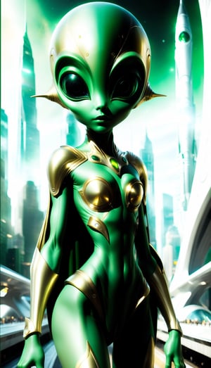A cinematic shot of a (((1alien_female_ent))), ufo, sci-fi, (((green_skin))), (luxury hig-tech armor costume set, platinium and gold color, perfect face, perfect big eyes, perfect_arms, perfect hands, perfect legs, intricate details, futuristic_city_background, (((full_perfect_symmetrical_body:1.9))).

,Realistic