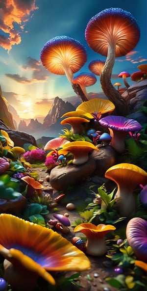 scenery, landscape, sky, flowers, tree, plant, alien_mushrooms, mushrooms, blue_concept, outdoors, cloud, no humans, diamonds, sunset, rock, sun, epic, futuristic, unreal, fantastic, future, fantasy, perfect, hyper detailed, realistic design, real details, reality, Perfect proportions, Strong brightness, intricate details, vibrant colors, detailed shadows, PNG image format, sharp lines and borders, solid blocks of colors, over 300ppp dots per inch, cinematographic, (photorealistic:1.9), High definition RAW color professional photos, photo, masterpiece, realistic, ProRAW, realism, photorealism, high contrast, digital art trending on Artstation ultra high definition detailed realistic, detailed, hyper detailed, realistic texture, best quality, ultra high res, high resolution, detailed, raw photo, sharp re, lens rich colors hyper realistic lifelike texture dramatic lighting unrealengine trending, ultra sharp, (sharpness, definition and photographic precision), (contrast, depth and harmonious light details), (textures at their highest degree of realism), (colors at their highest degree of realism), (proportions at their maximum degree of realism), (features at their highest degree of realism), (blur background, clean and uncluttered visual aesthetics, sense of depth and dimension, professional and polished look of the image), work of beauty and complexity. (aesthetic + beautiful + harmonic:1.5), (ultra detailed background, ultra detailed scenery, ultra detailed landscape:1.5), photographic fidelity and precision, reality, minute detail, clean image, exact image, polished shading, detailed shading, three-dimensional, strong colors, metallic colors, polychromatic tonal scale, wide tonal scale,Landscape,Background,Scenery