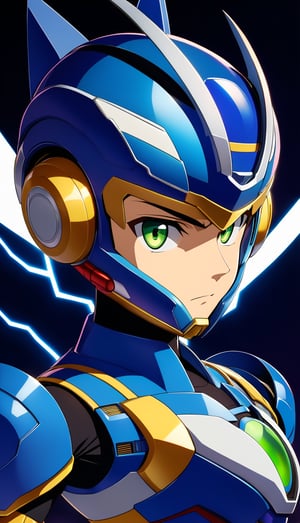 alone, looking at viewer, gloves, 1 boy, mouth closed, green eyes, upper body, male focus, white gloves, shadow_helmet, serious, android, arm cannon, blade, electricity, darkness, zero \(mega man\), hyper_armored, style Akira Kitamura design, perfect details, perfect lines, hyper detailed,Anime,SDXL,Tech