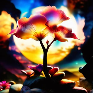 scenery, landscape, starry sky, flowers, tree, plant, outdoors, cloud, no humans, sunset, rock, sun, epic, futuristic, unreal, fantastic, future, fantasy, perfect, hyper detailed, realistic design, real details, reality, Perfect proportions, Strong brightness, intricate details, vibrant colors, detailed shadows, PNG image format, sharp lines and borders, solid blocks of colors, over 300ppp dots per inch, cinematographic, (photorealistic:1.9), High definition RAW color professional photos, photo, masterpiece, realistic, ProRAW, realism, photorealism, high contrast, digital art trending on Artstation ultra high definition detailed realistic, detailed, hyper detailed, realistic texture, best quality, ultra high res, high resolution, detailed, raw photo, sharp re, lens rich colors hyper realistic lifelike texture dramatic lighting unrealengine trending, ultra sharp, (sharpness, definition and photographic precision), (contrast, depth and harmonious light details), (textures at their highest degree of realism), (colors at their highest degree of realism), (proportions at their maximum degree of realism), (features at their highest degree of realism), (blur background, clean and uncluttered visual aesthetics, sense of depth and dimension, professional and polished look of the image), work of beauty and complexity. (aesthetic + beautiful + harmonic:1.5), (ultra detailed background, ultra detailed scenery, ultra detailed landscape:1.5), photographic fidelity and precision, reality, minute detail, clean image, exact image, polished shading, detailed shading, three-dimensional, strong colors, metallic colors, polychromatic tonal scale, wide tonal scale,Landscape,Background,Scenery