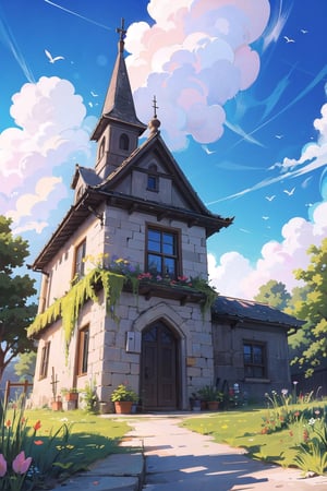 Spring, flowers, overgrown, stone structure, nature, afternoon, day, sunny, bright blue sky, puffy white clouds, detailed, nice, high resolution, high quality, studio ghibli,High detailed 