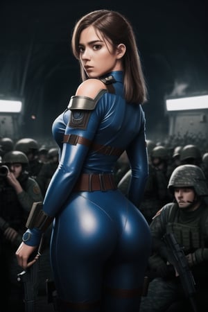 Girl in a tight soldier suit, big ass, pose with a gun on her shoulder, cinematic, soldier color, crowded,