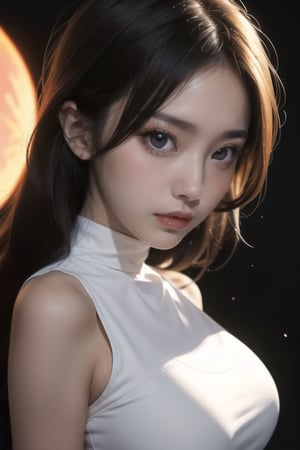 A beautiful sexy woman, futuristic, slik white gown, glowing face, seductive big eyes, ((giant glowing sun in the background)), close up shot,