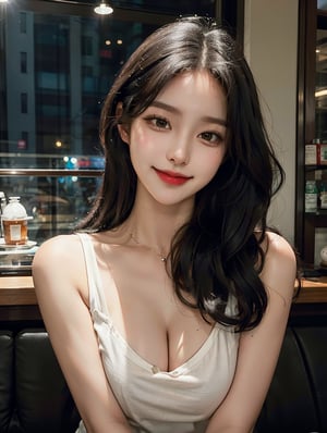 1girl,solo,looking at viewer,round face,young,(cleavage),long black hair,nose blush, smile,strong rim light,ultra-detailed,extremely detailed,an extremely delicate and beautiful,Backlight,RAW photo,best quality,masterpiece,realistic,photo-realistic, medium large breast, (korean), (front view), cafe, brown tanktop