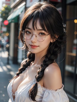1girl,solo,looking at viewer,round face,young,(cleavage),(round glasses),(2 fried dough twists braids:1.1),(broad shoulders:1.4),parted bangs,long hair,nose blush,(tied hair:1.1),happy,smile,strong rim light,ultra-detailed,extremely detailed,an extremely delicate and beautiful,Backlight,RAW photo,best quality,masterpiece,realistic,photo-realistic,front cover, medium breast