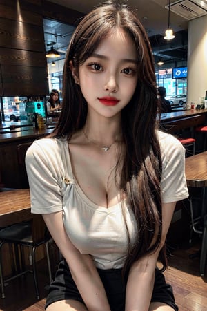 photorealistic:1.37, masterpiece, high quality, raw photo, 1girl, solo, long hair, brown hair, korean, 19 years old, medium breasts, cleavage, t-shirt, high_paints, jewelry, bracelet, erotic pose,  cafe worker, intricate detail, highres, hdr, looking at viewer, dynamic pose, fullbody view,photorealistic,analog,realism, cafe uniform
