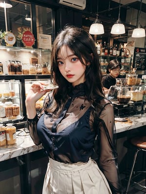 nsfw,1girl,solo,((see-through:1.3)),black_hair,skirt,long_hair,dark blue eyes,pleated_skirt,tan,dark_skin,white_skirt,sleeveless_shirt,breasts,cafe uniform,looking_at_viewer,cowboy_shot,huge breasts,covered nipples, cafe, brewing_coffee