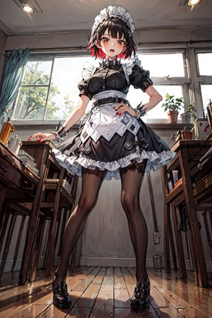 (masterpiece), 1girl, solo, ellen joe, , game war cover, from below, standing, looking at viewer, hairclip, argyle pantyhose, red nails, black footwear, maid headdress, maid apron, wrist cuffs, maid dress, spiked collar, shark tail, sharp teeth