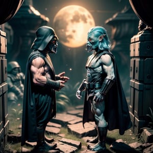 Create a stunning 3D composition that defies the boundaries of imagination. Envision two Darth Vaders confronting two fierce goblins in the depths of outer space, with a haunting full moon casting surreal shadows. Showcase the fusion of science fiction and fantasy with precision and creativity.