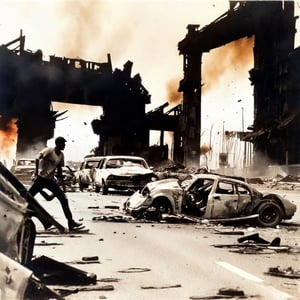 unsettling scene of an undead runner on a highway, its bodies decayed and twisted, with burnt-out vehicles and crumbling buildings as the backdrop of a world in ruins."