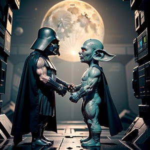 Create a stunning 3D composition that defies the boundaries of imagination. Envision two Darth Vaders confronting two fierce goblins in the depths of outer space, with a haunting full moon casting surreal shadows. Showcase the fusion of science fiction and fantasy with precision and creativity.