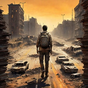 unsettling scene of an undead runner on a highway, its body decayed and twisted, with burnt-out vehicles and crumbling buildings as the backdrop of a world in ruins."