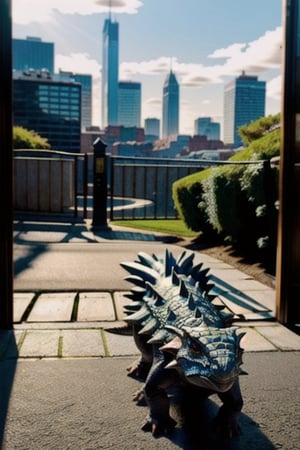 Photorealistic dragon, door-to-door deliveries, urban setting, intricate details, realistic lighting, cityscape background, seamless integration of fantasy and reality, lifelike portrayal, everyday scenes with a touch of magic ,Dragon,Realism,Extremely Realistic,little_cute_girl,Ankylosaurus_Dinosaur