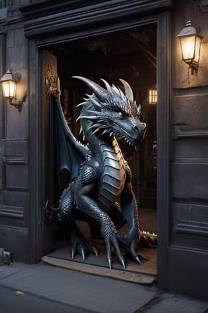 Photorealistic dragon, door-to-door deliveries, urban setting, intricate details, realistic lighting, cityscape background, seamless integration of fantasy and reality, lifelike portrayal, everyday scenes with a touch of magic 