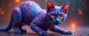 A surreal, hyper-realistic image of a kaleidoscope cat, with its form warped and distorted in vibrant, swirling patterns. The cat's fur is fragmented into geometric shapes of varying colors—deep purples, electric blues, and fiery oranges—that twist and turn around its body. Its eyes are mirrored and multiplied, reflecting an eerie yet mesmerizing glow as they repeat across the image in fractal-like patterns. The cat’s posture is fluid, as if shifting between dimensions, with parts of its body appearing to stretch and twist through space. The background is a blurred fusion of light and color, enhancing the disorienting, dreamlike effect. This kaleidoscopic cat seems both familiar and otherworldly, as if caught in a moment of cosmic transformation.