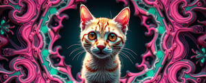 A trippy, mind-bending image of a cat kaleidoscope, distorted as if seen through the lens of a bad acid trip. The cat’s body fragments into swirling, chaotic shapes, with vivid neon colors—pinks, greens, and yellows—bleeding and pulsing unnaturally. Its eyes, wide and disoriented, are mirrored endlessly, spiraling out into infinity, each reflection more warped than the last. The fur shimmers with an unsettling iridescence, shifting and melting like liquid, as if reality itself is unraveling. In the background, bizarre, nightmarish patterns of psychedelic fractals and unsettling, warped shapes twist and contort, heightening the sense of unease. The entire scene feels unstable, like a glitch in the fabric of reality, as the kaleidoscopic cat seems trapped in an inescapable loop of distorted madness.