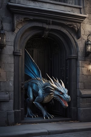 Photorealistic dragon, door-to-door deliveries, urban setting, intricate details, realistic lighting, cityscape background, seamless integration of fantasy and reality, lifelike portrayal, everyday scenes with a touch of magic 