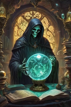 A crystal ball reveals an otherworldly study session, where a ghoul furiously scribbles away at spectral tomes, surrounded by the secrets of the afterlife."