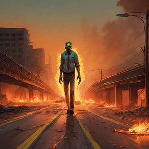  a nightmarish scenario where a zombie, its eyes vacant but filled with hunger, dashes down a highway engulfed in flames, casting an eerie glow on the crumbling infrastructure.