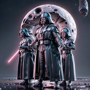 Craft a visually striking 3D masterpiece featuring dual Darth Vaders and dual goblins engaged in a cosmic showdown. The eerie illumination of a full moon in the depths of outer space adds a unique dimension to this artwork