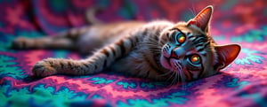 A mesmerizing, kaleidoscopic cat sprawls across a backdrop of pulsating fractals and tie-dye patterns, its body a swirling vortex of electric pinks, neon greens, and deep blues. The cat's eyes glow wide, mirrored multiple times, reflecting the era's chaotic energy. Richly textured fur morphs and ripples, blurring reality and illusion as it twists into intricate symmetries. A dizzying visual experience capturing the essence of a wild acid trip in the 1960s and 1970s.