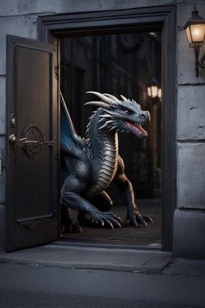 Photorealistic dragon, door-to-door deliveries, urban setting, intricate details, realistic lighting, cityscape background, seamless integration of fantasy and reality, lifelike portrayal, everyday scenes with a touch of magic 