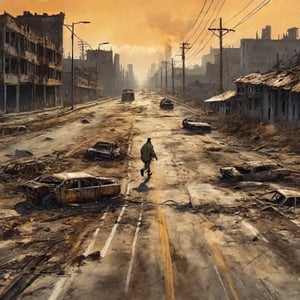 unsettling scene of an undead runner on a highway, its body decayed and twisted, with burnt-out vehicles and crumbling buildings as the backdrop of a world in ruins."