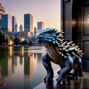 Photorealistic dragon, door-to-door deliveries, urban setting, intricate details, realistic lighting, cityscape background, seamless integration of fantasy and reality, lifelike portrayal, everyday scenes with a touch of magic ,Dragon,Realism,Extremely Realistic,little_cute_girl,Ankylosaurus_Dinosaur
