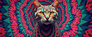 A psychedelic cat in kaleidoscopic form, capturing the wild, distorted essence of a bad acid trip from the 1960s and 1970s. The cat’s fur is a swirling, mind-bending array of vibrant colors—electric pinks, neon greens, and deep blues—twisting and warping into intricate, symmetrical patterns that repeat across its entire body. Its eyes, wide and glowing, are mirrored multiple times, reflecting the chaotic energy of the era. The background pulses with geometric, hallucinogenic shapes reminiscent of tie-dye and fractals, creating an intense, dizzying visual experience. Rich in texture, the cat’s fur seems to morph and ripple, as if alive with the trippy energy of the moment, blurring the line between reality and illusion. The entire image feels like a vivid, surreal tapestry of distorted forms and impossible symmetry, capturing the essence of a psychedelic journey gone wrong.