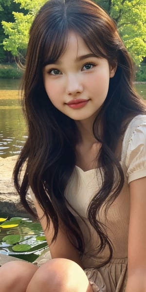 masterpiece,  young Dove Cameron as Japanese female 18 years old,ultra quality,  ultra detailed,  morning lighting,  soft lighting,  facing_viewer,  detailed eyes,  beautiful eyes,  face detail, brown skin,  slim,  best quality,  masterpiece,  detailed art in color, little girl, sitting at a pond, timid,1 girl, masterpiece,best quality ,Ichikajp