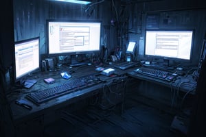 a young programmer sitting in front of a laptop,proper monitor screen, nice and detailed beautiful keyboard with backlights, gloomy room lights, stressed out, wearing headphones,5_fignered, hands on keyboard, keyboard glowing in blue