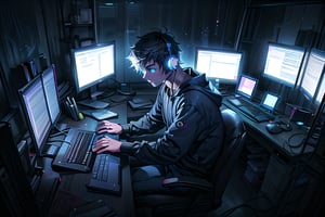 a young programmer sitting in front of a laptop on a gloomy day, gloomy room lights, stressed out, wearing headphones,5_fignered, hands on keyboard, keyboard glowing in blue