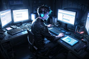 a young programmer sitting in front of a laptop,proper monitor screen, nice and beautiful keyboard with backlights, gloomy room lights, stressed out, wearing headphones,5_fignered, hands on keyboard, keyboard glowing in blue