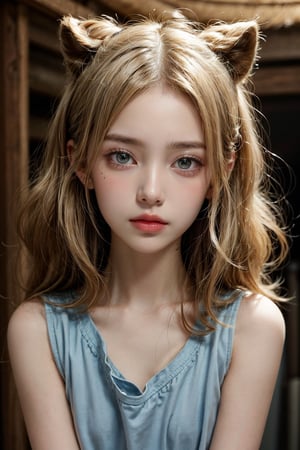 She has medium-length, curly blonde hair that she often hides behind her ears,standing, Her eyes are blue, with a shy and gentle expression that makes her look innocent and sweet. She has a cute nose and a small mouth that rarely speaks. Her skin is pale, with a few moles on her neck and arms,random clothing,random place