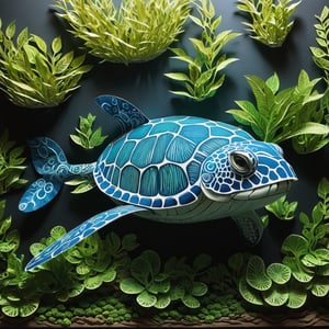 underwater art made of paper, mounted on a board, paper turtle, paper fishes, paper jellyfish, paper squid, paper whale, paper plants,  swimming underwater, raw photo, photorealistic, ultra realistic, highly detailed, masterpiece, antialiased, sharp, 50 ISO, f/8, black lagoon