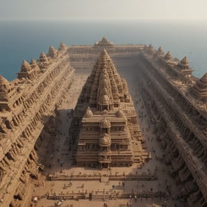 lost city of dwarka, ancient, grand nataraja statue, criss crossing streets, a (huge dam )on the sea, giant stadium,  wooden ships, ancient hindu architecture, mist of time, dried roots, stones littered around, very high resolution, telephoto,  masterpiece, highly defined, intricate, photorealistic, sharp, antialiased, 8k, 16k, high-res, ultrarealistic