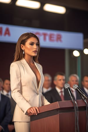 raw photo of revy, 20 years old, slim, natural saggy breasts, wearing business suit, earrings, makeup, delivering a speech on a podium, close up,
highly detailed face, long hair, close up, (slim waist), saggy breasts, areolae, crowd in background, rim light, specular reflections, Global illumination, photorealistic, ultra realistic, highly detailed, masterpiece, antialiased, sharp, 50 ISO, f/8
