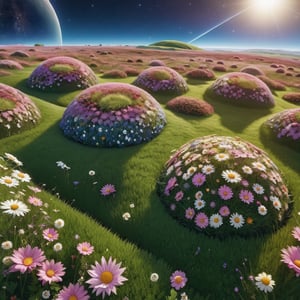 a (giant planet) made of flowers and grass (floating in the universe), stars and cosmos can be seen.  realistic, full shot, very high resolution, telephoto, masterpiece, highly defined, intricate, photorealistic, sharp, antialiased, 8k, 16k, high-res, ultrarealistic, artstation, dslr, absurdres, ultra fine details,Landskaper