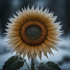 raw photo of  a frozen sunflower, covered with feather frost patterns, mist and dripping water, macro photography,  rim light, specular reflections, Global illumination, photorealistic, ultra realistic, highly detailed, masterpiece, antialiased, sharp, 50 ISO, f/8, black lagoon