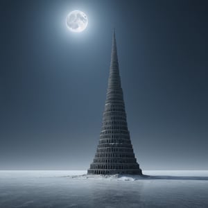 massive tower of babel made by ice standing in the unending expanse of sea, stabbing the sky like a spear, reaching out of earth's atmosphere to the moon, desolate, isolated, alone, emptiness, empty sky, loneliness, digital render, ultra fine details, octane render, photorealistic, ultra realistic, masterpiece, antialiased by Ansel adams